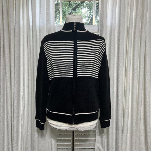 Dressbarn Sweater Zip-Up Black White M Ribbed Knit Pockets Sporty Retro - Picture 2 of 7